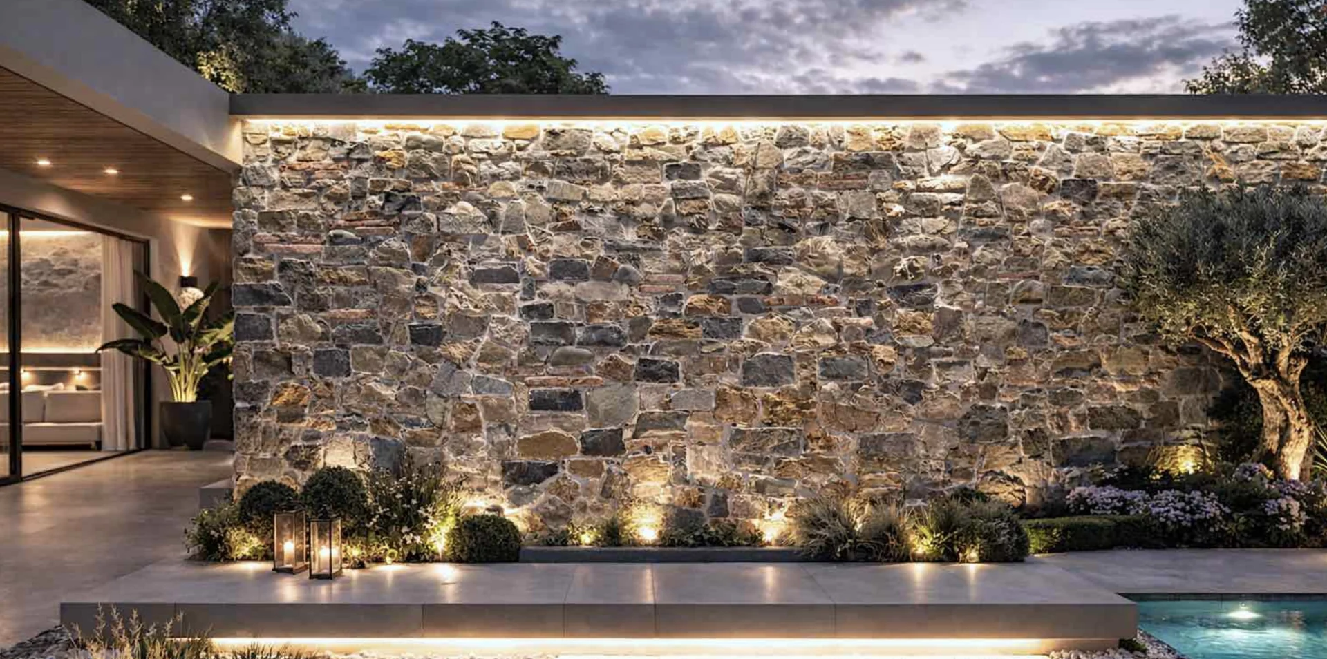 Parete esterna rivestita in pietra naturale con illuminazione serale